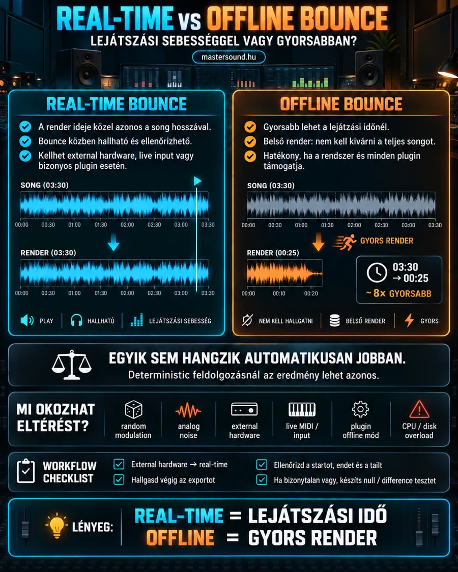 Infografika a real-time és az offline bounce összevetéséről: bal oldalon egy 3:30-as dal kiírása lejátszási sebességgel, jobb oldalon ugyanaz nagyjából 25 másodperc alatt, alatta az eltérések lehetséges okai és egy rövid ellenőrzőlista.