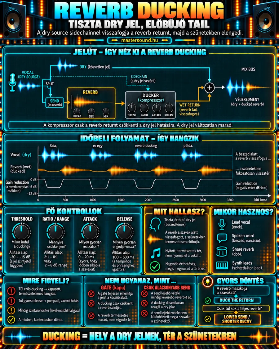 Infografika a reverb duckingról: az ének egy küldésen át a zengetőbe jut, a zengető után egy kompresszor az ének hatására halkítja a zengést. Alatta idővonal mutatja, hogy a szavak alatt a zengés visszahúzódik, a szünetekben előjön.