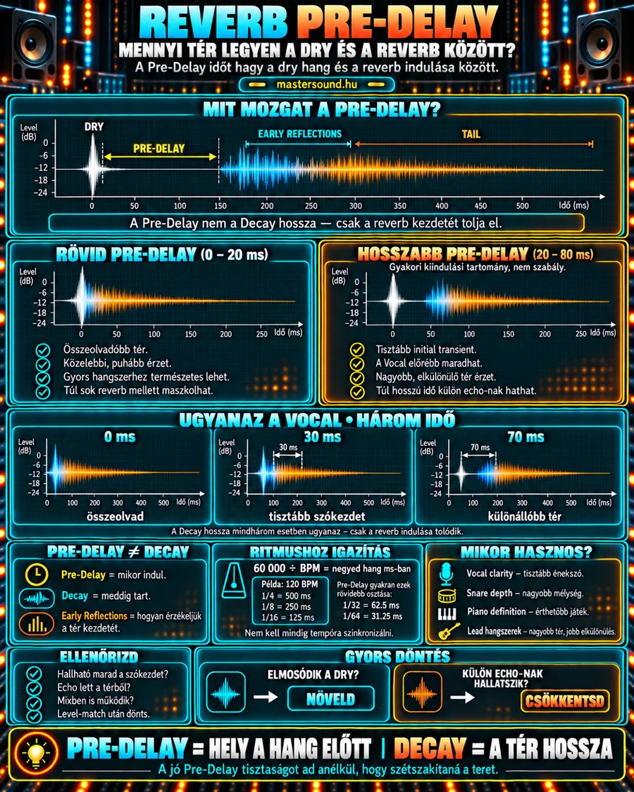 Infografika a reverb pre-delayről: idővonalon a száraz hang, a szünet, a korai visszaverődések és a farok, alatta rövid és hosszabb pre-delay összevetése, ugyanaz az ének 0, 30 és 70 ms-mal, és a tempóhoz igazítás képlete.