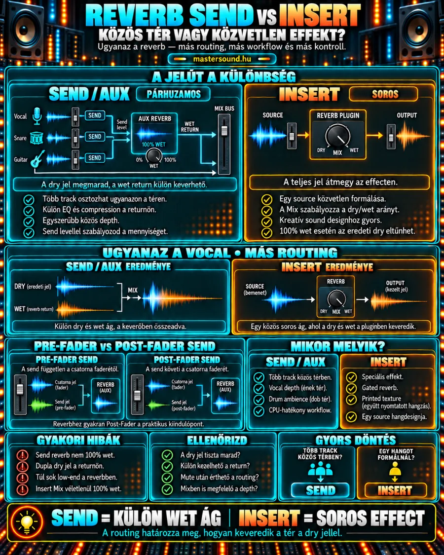 Infografika a zengető kétféle bekötéséről: balra több sáv küld egy közös aux reverbre, jobbra egy sáv jele sorban átmegy a reverb pluginon. Alatta a fader előtti és utáni küldés, és hogy mikor melyiket válaszd.