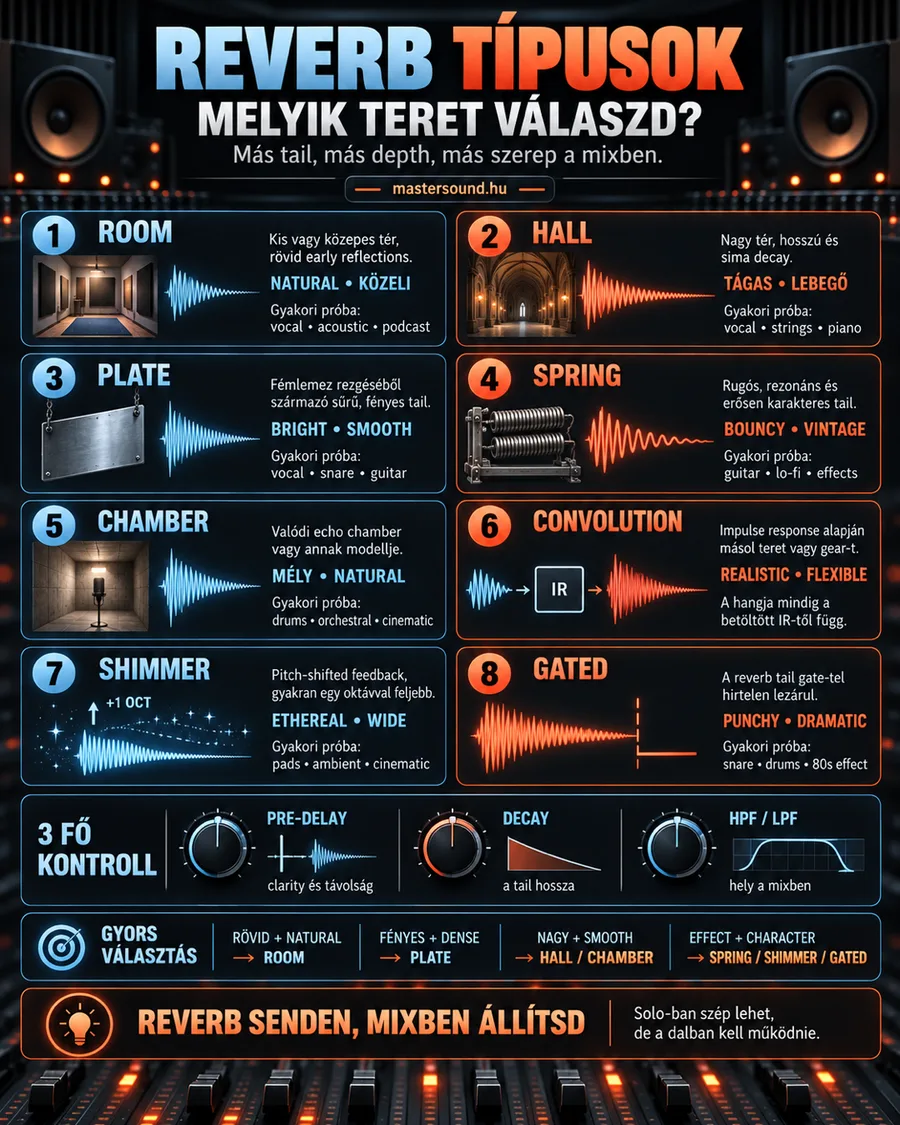 Infografika nyolc reverbtípusról (room, hall, plate, spring, chamber, convolution, shimmer, gated) hullámformával és tipikus felhasználással, alatta a pre-delay, a decay és a szűrő gombja, meg egy gyors választó sáv.