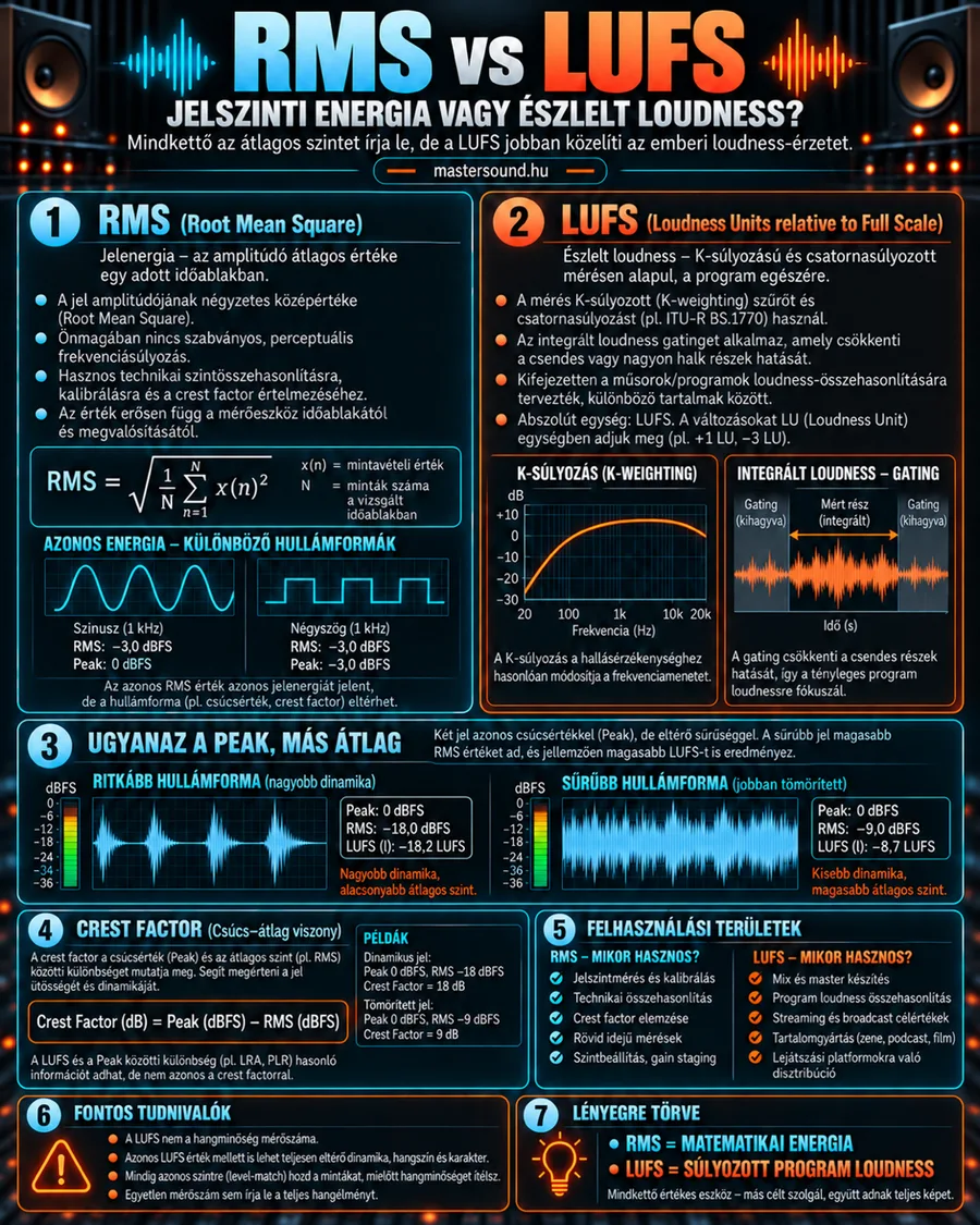 Infografika az RMS és a LUFS különbségéről: az RMS képlete, egy szinusz és egy négyszögjel azonos RMS-sel, a K-súlyozás és a kapuzás ábrája, két eltérő sűrűségű hullámforma mért értékei és a crest factor képlete.