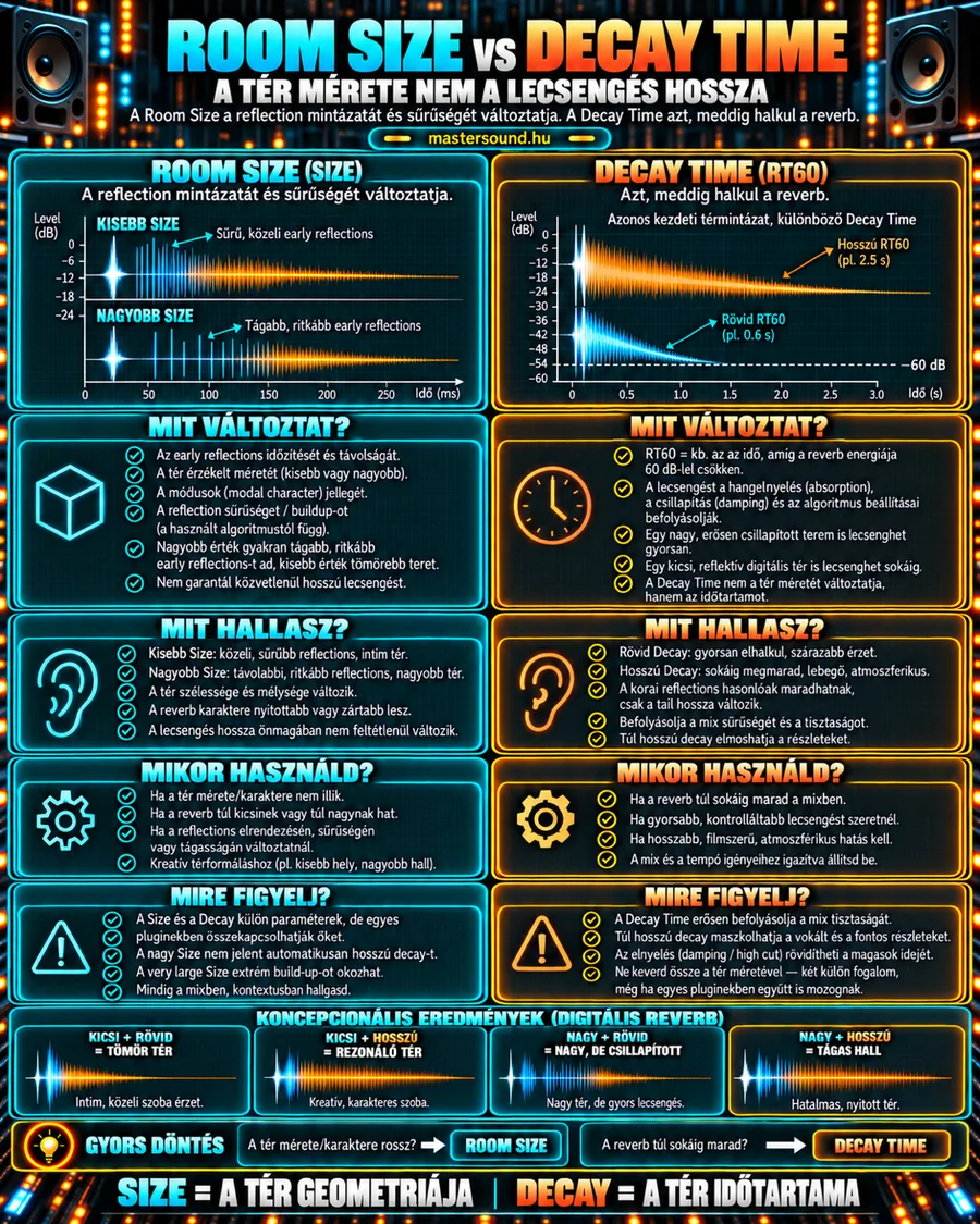 Infografika a zengető két gombjáról: balra a room size, ami a visszaverődések mintázatát és sűrűségét változtatja, jobbra a decay time, ami a lecsengés hosszát. Alul a kis és nagy tér, rövid és hosszú lecsengés négy kombinációja.