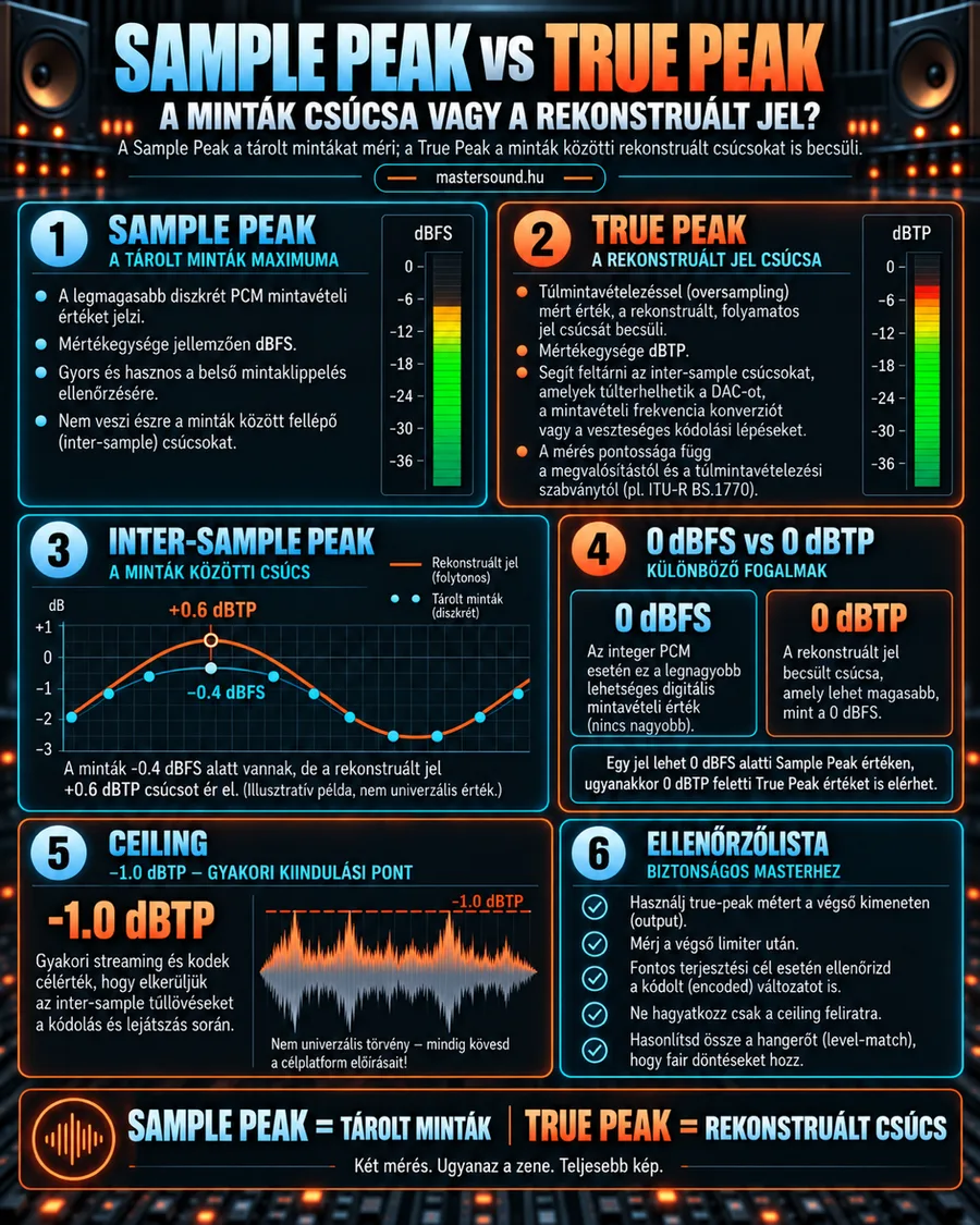 Infografika a mintacsúcs és a valódi csúcsszint különbségéről: két szintjelző, egy grafikon a minták közé eső csúccsal, a 0 dBFS és a 0 dBTP összevetése, a −1 dBTP-s kimeneti plafon és egy ellenőrzőlista a masterhez.