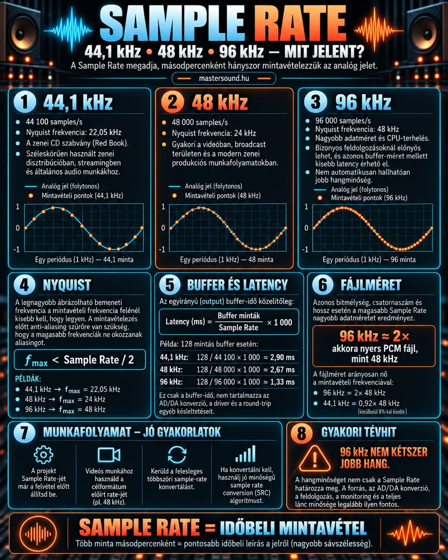 Infografika a 44,1, 48 és 96 kHz-es mintavételi frekvenciáról: egy szinuszhullám mintavételi pontokkal, a Nyquist-szabály, a pufferidő képlete, a fájlméret és egy gyakori tévhit.
