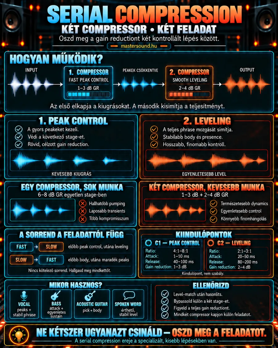 Infografika a soros kompresszióról: a jel egy gyors csúcskezelő, majd egy lassabb szintkiegyenlítő kompresszoron halad át, alatta az egy és a két kompresszor összevetése, a sorrend, a kiinduló beállítások és egy ellenőrzőlista.