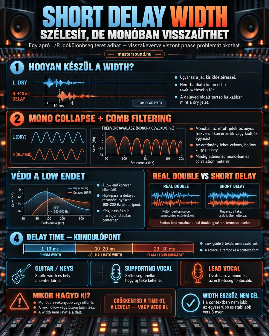 Infografika a rövid késleltetéses szélesítésről: a bal és a jobb csatorna 10 ezredmásodperces eltolása, a monóban keletkező fésűszűrő-hatás, a mélyek védelme mélyvágó szűrővel, és javasolt késleltetési idők hangszerenként.