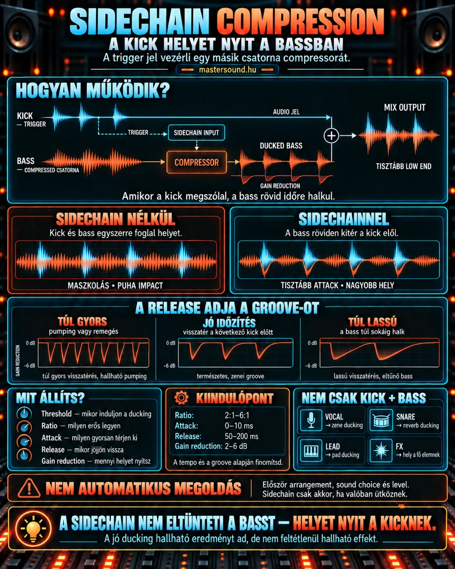 Infografika a sidechain kompresszióról: a lábdob jele vezérli a basszus kompresszorát, így a basszus minden ütésre röviden elhalkul. Alatta a sidechain nélküli és a sidechainnel kevert hang, a release három beállítása és a kiinduló értékek.