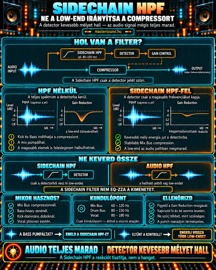 Infografika a sidechain mélyvágó szűrőről: a szűrő csak a kompresszor érzékelőjébe menő jelet vágja, a hallható hang teljes marad. Alatta a szűrő nélküli és a szűrővel mért halkítás, a hangút-szűrő különbsége és kiinduló frekvenciák.