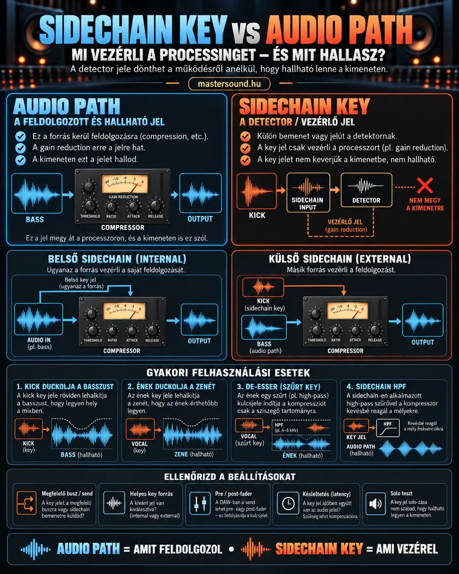 Infografika a sidechain key és az audio path különbségéről. Felül a basszus átfolyik egy kompresszoron, mellette a lábdob csak a szintérzékelőt vezérli. Alatta a belső és külső vezérlés, négy felhasználási példa és öt ellenőrzési pont.