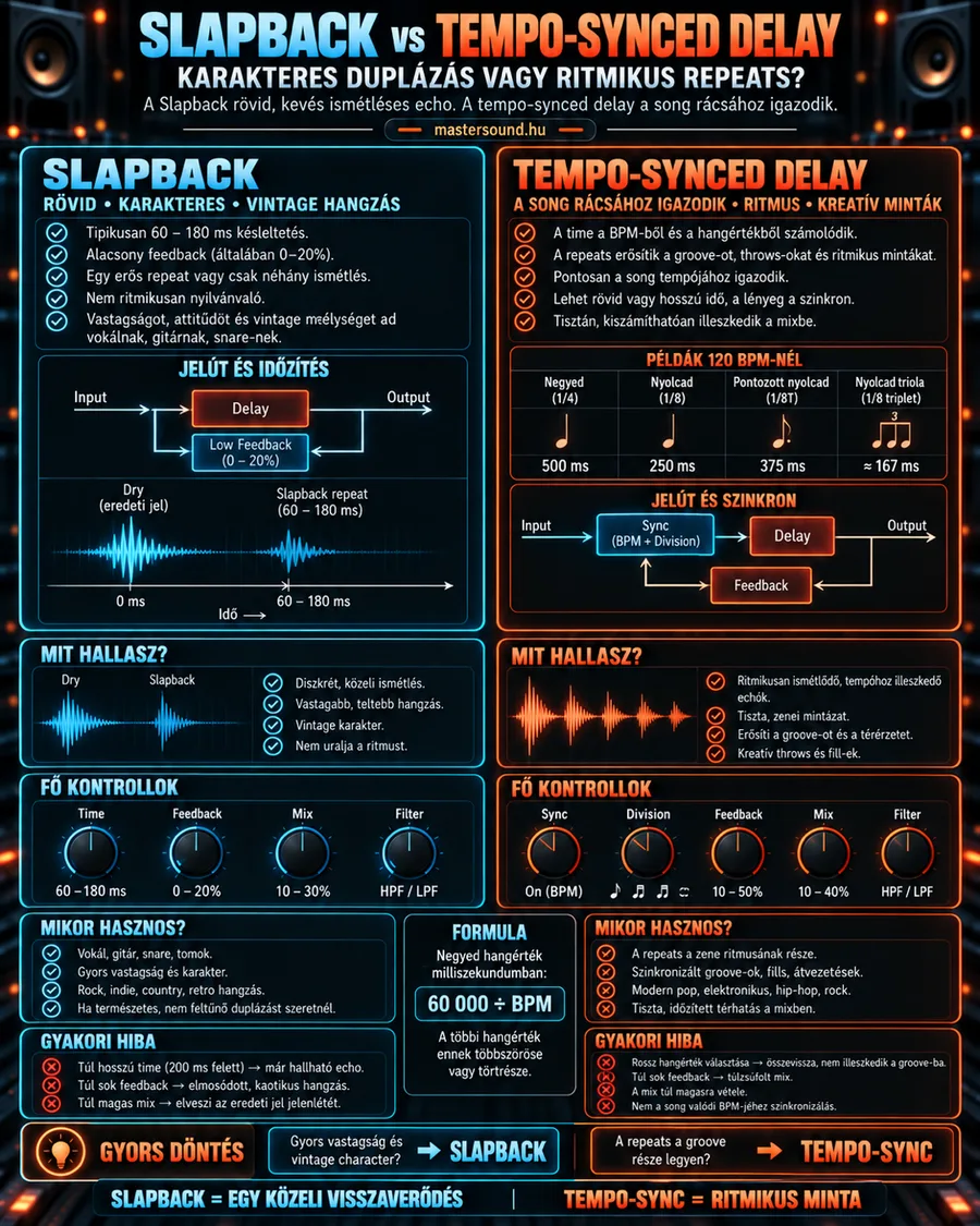 Kétoldalas infografika a kétféle delayről. Balra a slapback, egyetlen rövid, 60–180 ms-os ismétlés kevés feedbackkel. Jobbra a tempóhoz igazított delay egy 120-as tempójú példatáblázattal és a számolás képletével.