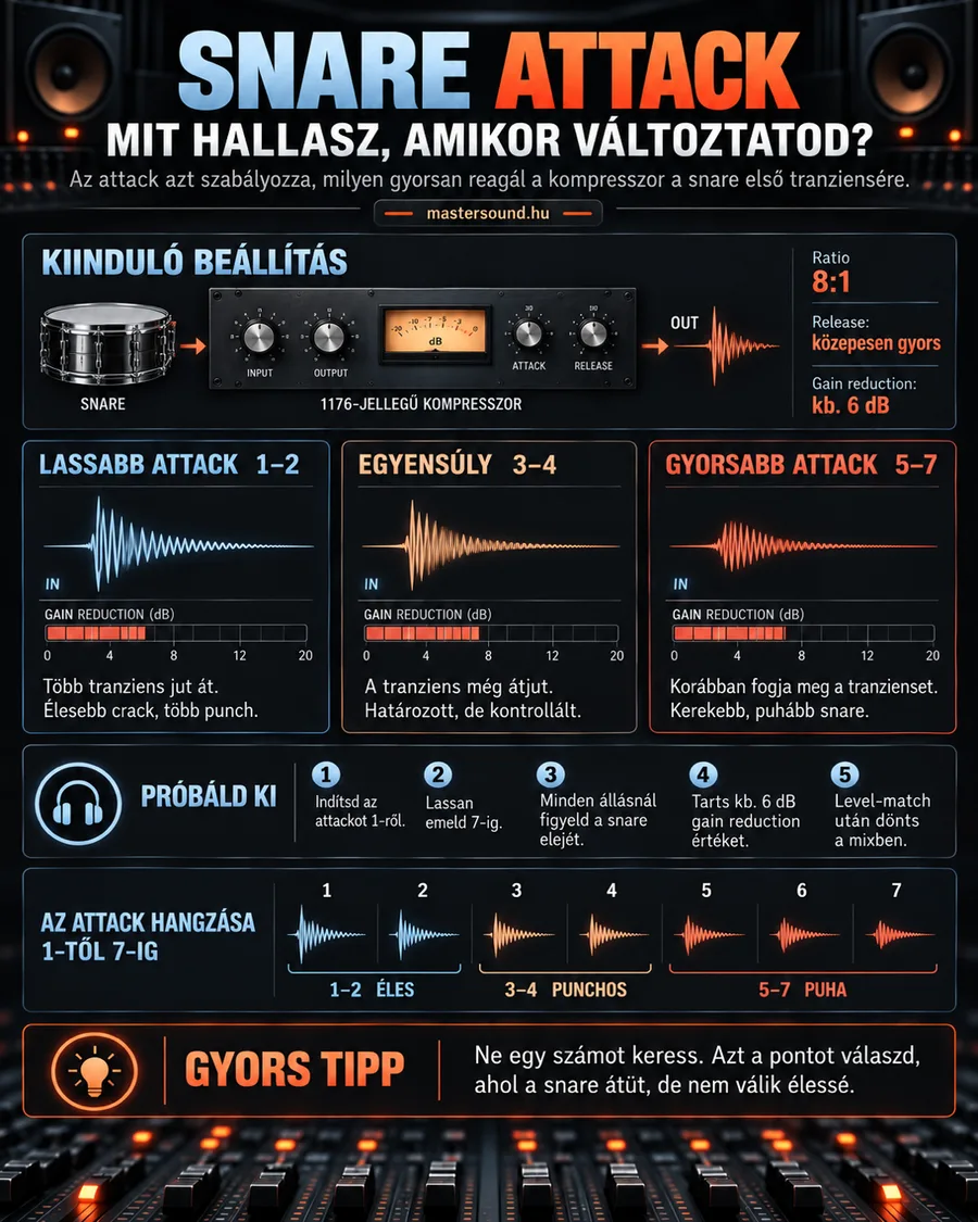 Infografika a kompresszor attack gombjáról pergődobon: egy klasszikus FET-kompresszor kiinduló beállítása, három attack-tartomány hullámformával és szintcsökkentés-mérővel, egy ötlépéses gyakorlat és az attack hangzása egytől hétig.