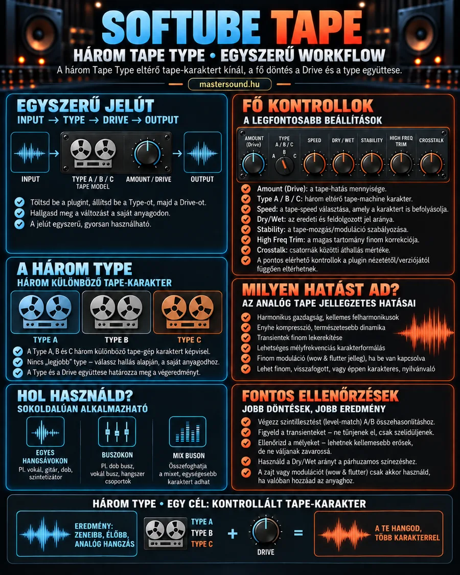 Infografika egy egyszerű szalagszimulátor pluginról: a jelút inputtól outputig, a három választható szalagkarakter, hét kezelőgomb, a szalagos hangzás hatásai, a felhasználási helyek és az ellenőrzések.