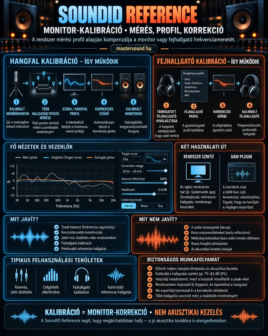 Infografika egy monitor-kalibráló szoftverről: a hangfal és a fejhallgató bemérésének lépései, a mért, a cél- és a korrigált görbe, a két használati mód, valamint hogy mit javít és mit nem javít a korrekció.