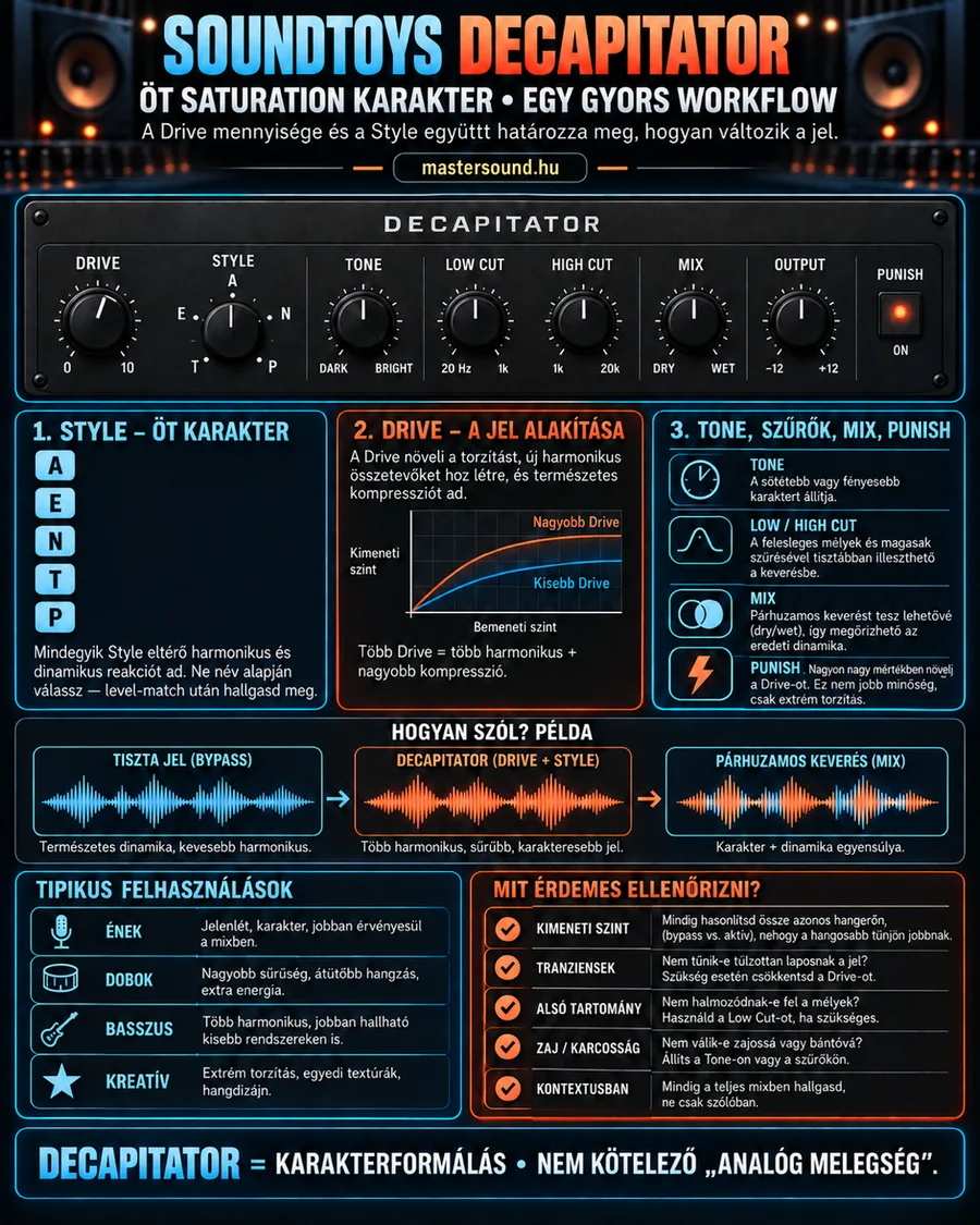 Infografika egy analóg ihletésű szaturációs pluginról: nyolc kezelőszerv a drive-tól a kimenetig, öt betűvel jelölt karakter, a drive hatását mutató görbe, a száraz, a torzított és a párhuzamosan kevert hang összevetése, valamint ellenőrzőlista.