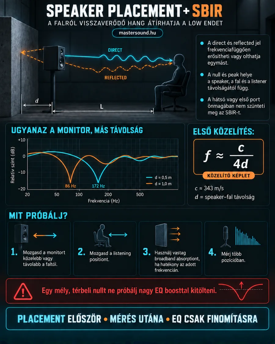 Infografika a hangfal mögötti fal okozta basszuskioltásról. A közvetlen és a visszavert hang útja, két frekvenciagörbe 0,5 és 1 méteres faltávolságnál, a közelítő képlet és négy lépés.