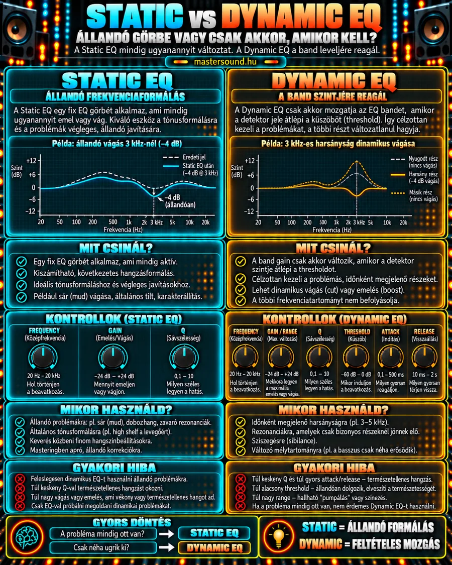 Kétoszlopos infografika: balra a statikus EQ állandó 3 kHz-es vágása és három kezelőgombja, jobbra a dinamikus EQ, amely csak a harsány részeken vág, hat kezelőgombbal, alul felhasználási helyzetek, gyakori hibák és egy gyors döntési segéd.