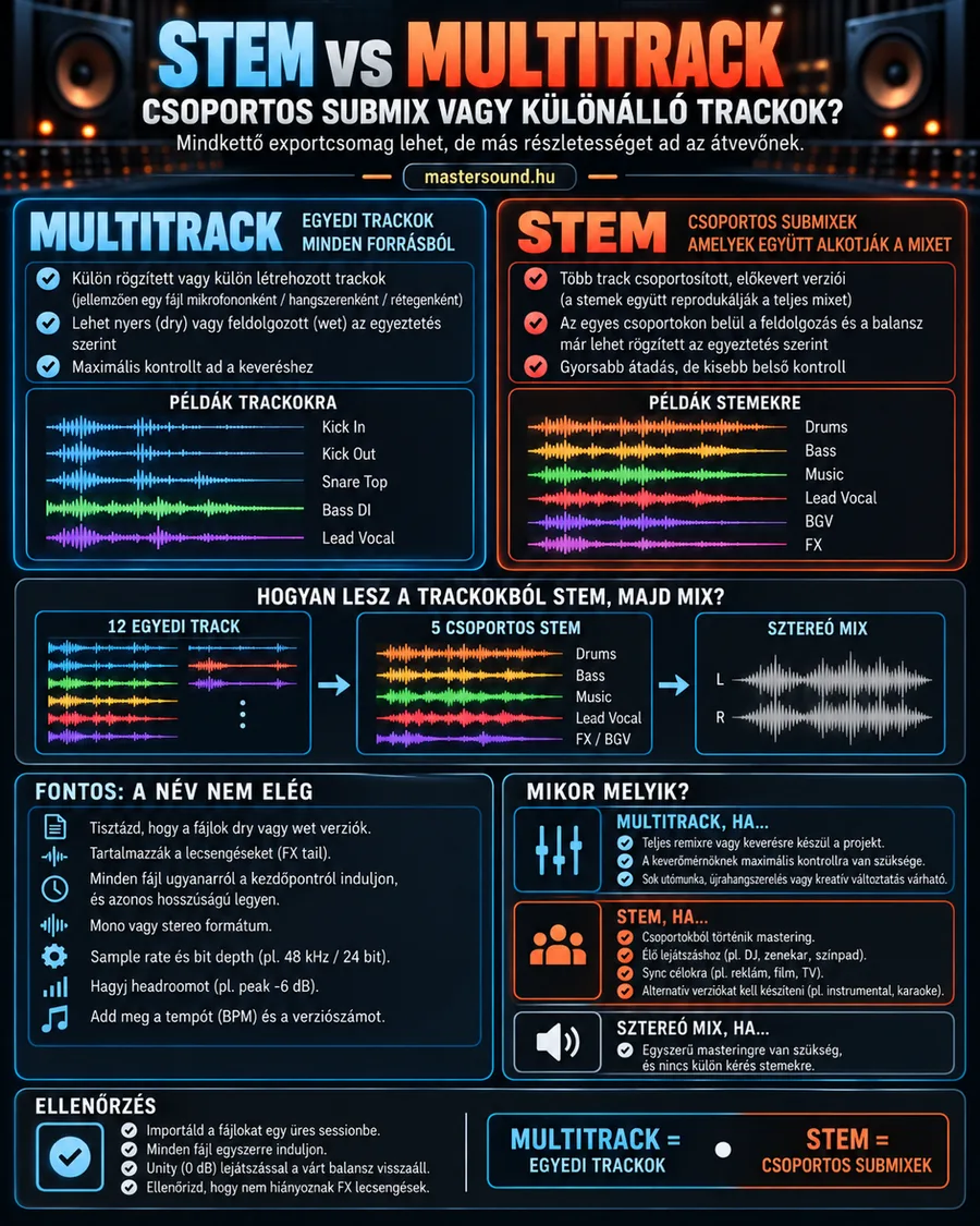 Infografika a multitrack és a stem átadás különbségéről: balra egyedi sávok, jobbra csoportos részkeverékek, középen a sávokból stemek, majd sztereó mix lesz, alul az átadási szabályok és az ellenőrzés lépései.