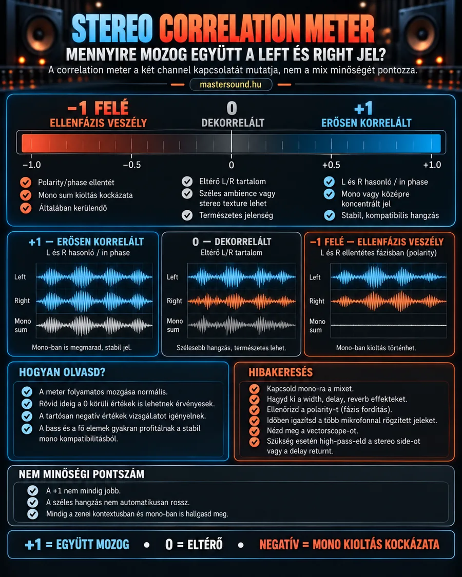 Infografika a korrelációmérőről: egy −1-től +1-ig tartó színes skála, három példa bal, jobb és mono összeg hullámformával, alatta a leolvasás és a hibakeresés lépései.