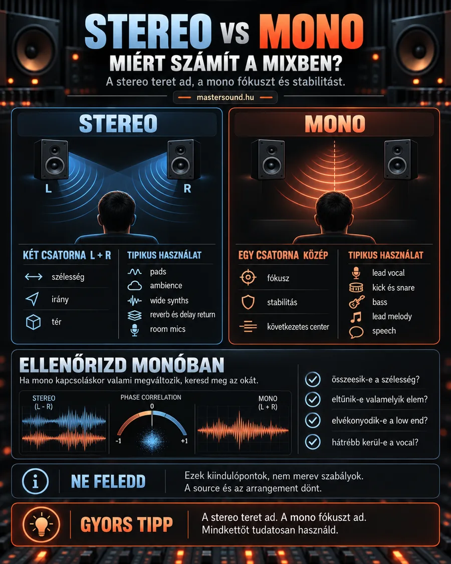Infografika a sztereó és a mono hang különbségéről: balra két hangfal széles hangképpel, jobbra középre fókuszált hang, alattuk a tipikus hangszerek, legalul a mono-ellenőrzés négy kérdése.