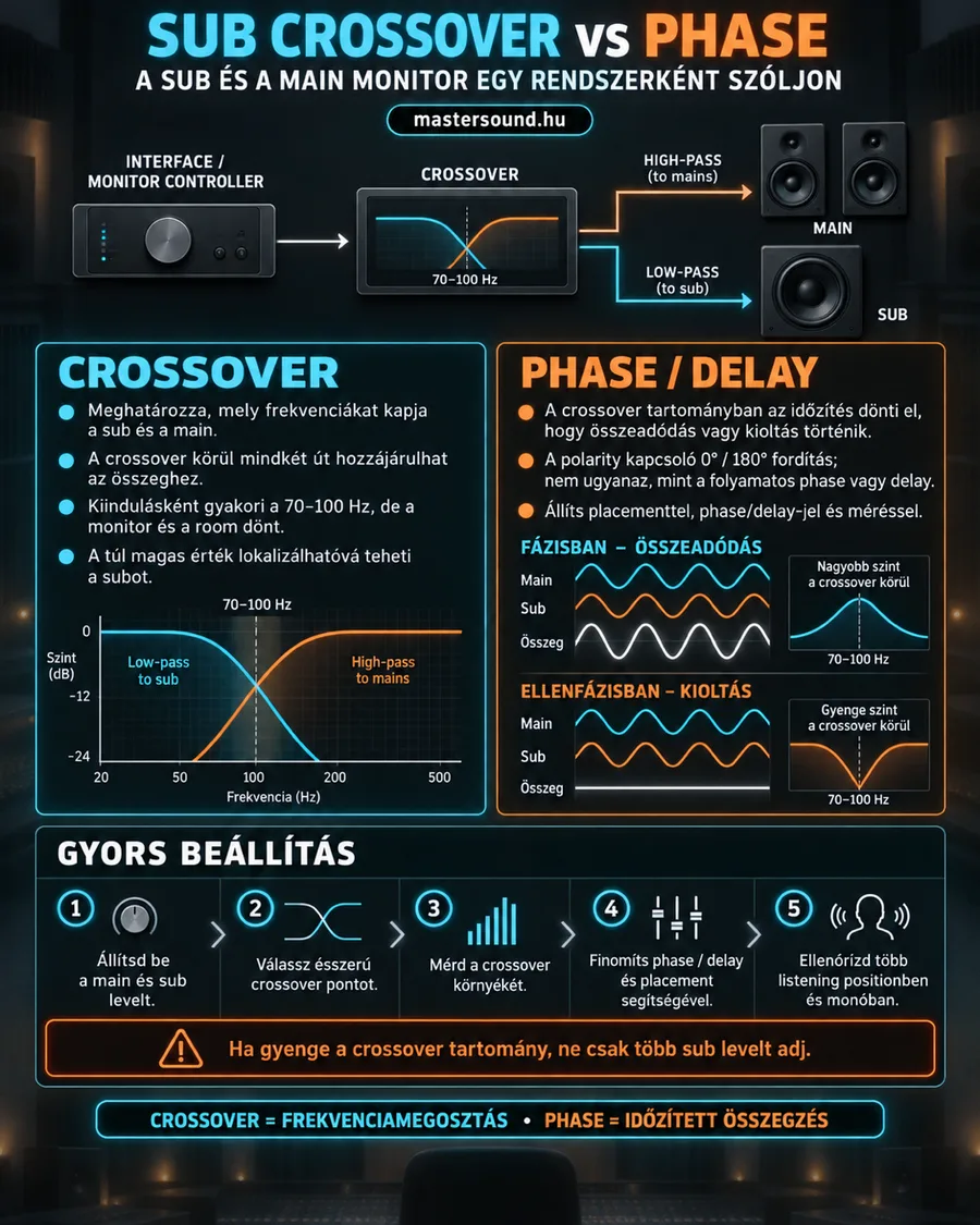 Infografika a mélysugárzó és a fő hangfalak összehangolásáról. A jel a hangváltón át két úton megy tovább, alatta a 70–100 Hz-es átmenet, az összeadódás és a kioltás hullámai, és öt beállítási lépés.