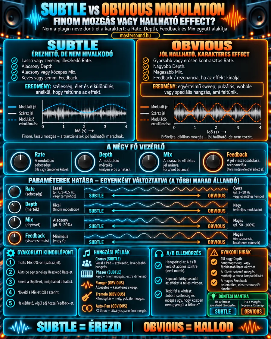 Infografika a finom és a feltűnő moduláció különbségéről: két hullámforma egy kis és egy nagy kilengésű modulációs görbével, alattuk a rate, depth, mix és feedback gomb hatása egy-egy csúszkán, és gyakorlati tanácsok.