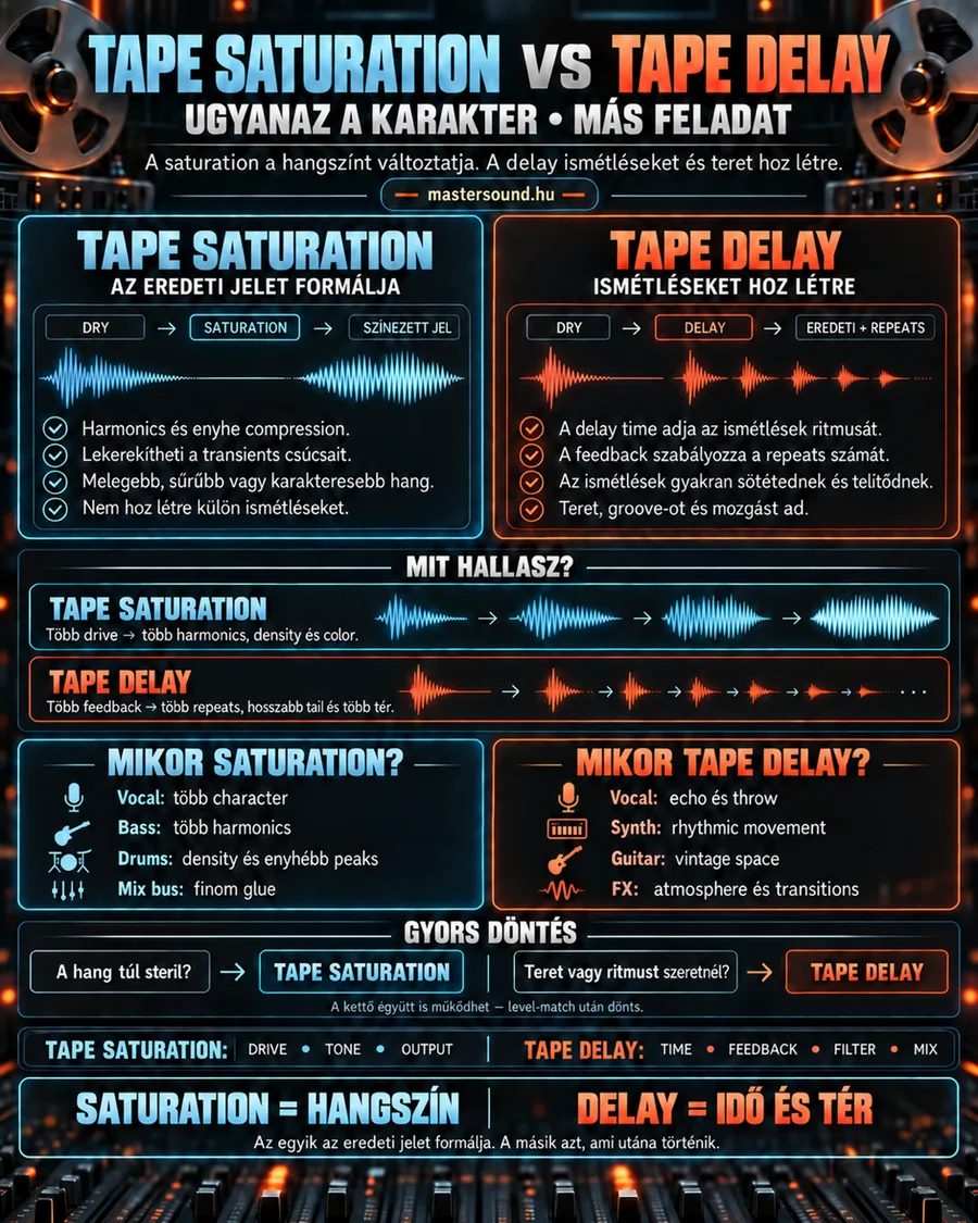 Kétoldalas infografika: balra a szalagos szaturáció, ami a száraz jelből színezett jelet csinál, jobbra a szalagos delay, ami a jel után halkuló ismétléseket ad. Alatta mit hallasz, mikor melyiket használd, a két eszköz gombjai és egy gyors döntési segédlet.