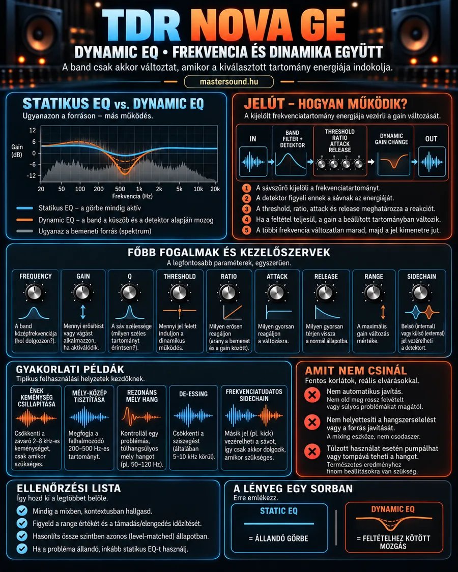 Infografika egy dinamikus EQ-pluginról: statikus és dinamikus EQ-görbe ugyanazon a spektrumon, a sáv jelútja a detektortól a kimenetig, kilenc kezelőgomb, gyakorlati példák és a korlátok.