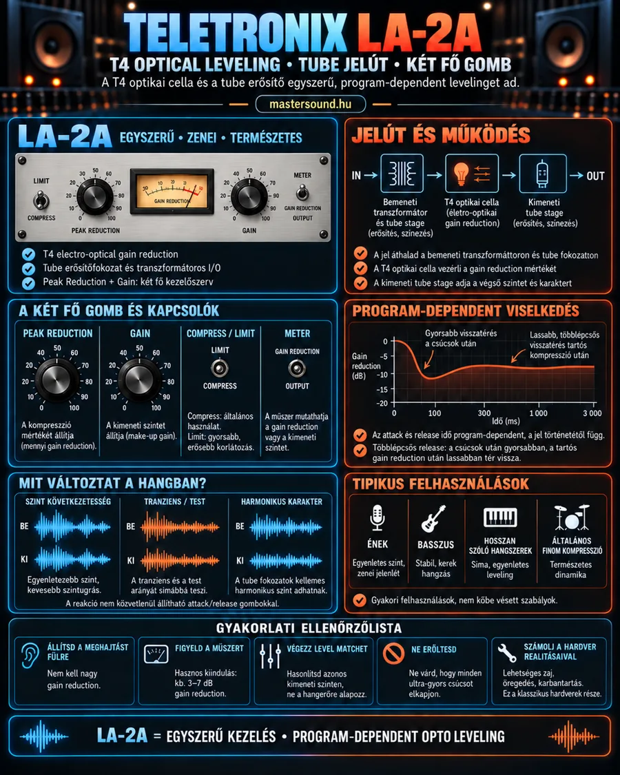 Infografika egy klasszikus csöves, optikai cellás kompresszorról: az előlap két nagy gombbal és egy mutatós műszerrel, a jelút, a jelfüggő visszaállás görbéje, a hangra gyakorolt hatások és egy ötpontos gyakorlati ellenőrzőlista.