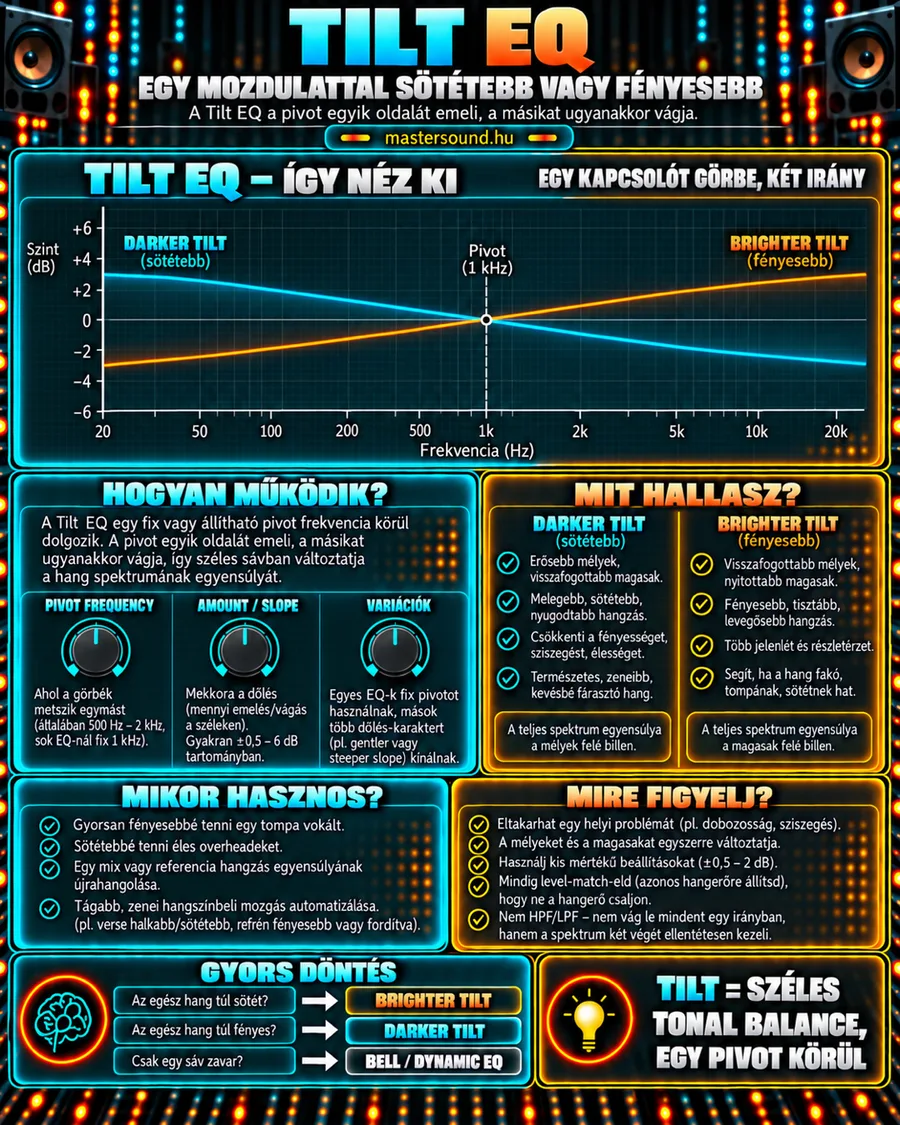 Infografika a tilt EQ-ról: egy kék és egy narancs görbe keresztezi egymást 1 kHz-en, az egyik a mélyek, a másik a magasak felé billenti a hangot, alatta a kezelőszervek, a hallható hatás, a felhasználási helyzetek és a buktatók.