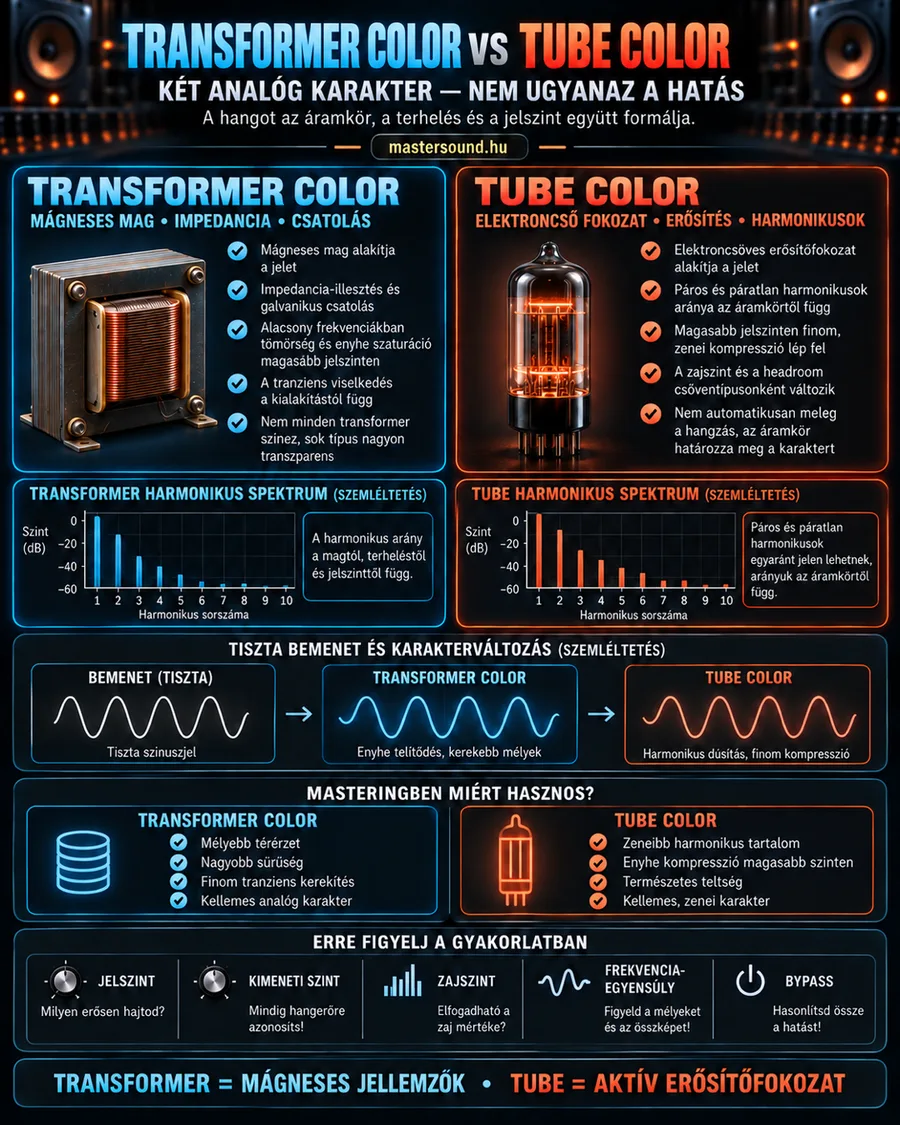 Infografika a transzformátoros és a csöves analóg színezés összevetéséről: bal oldalt egy transzformátor, jobb oldalt egy elektroncső, alattuk szemléltető felharmonikus-spektrumok, egy szinuszjel változása és gyakorlati tanácsok.