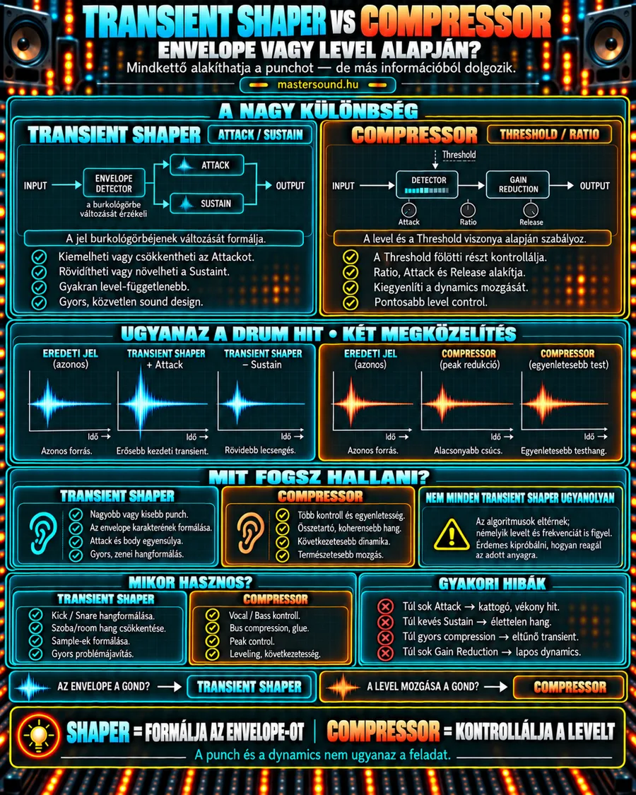 Infografika a transient shaper és a kompresszor különbségéről: két jelút-ábra, az egyik a burkológörbe alapján az attackot és a sustaint állítja, a másik a küszöbszint alapján halkít, alatta ugyanaz a dobütés a két eszköz után.