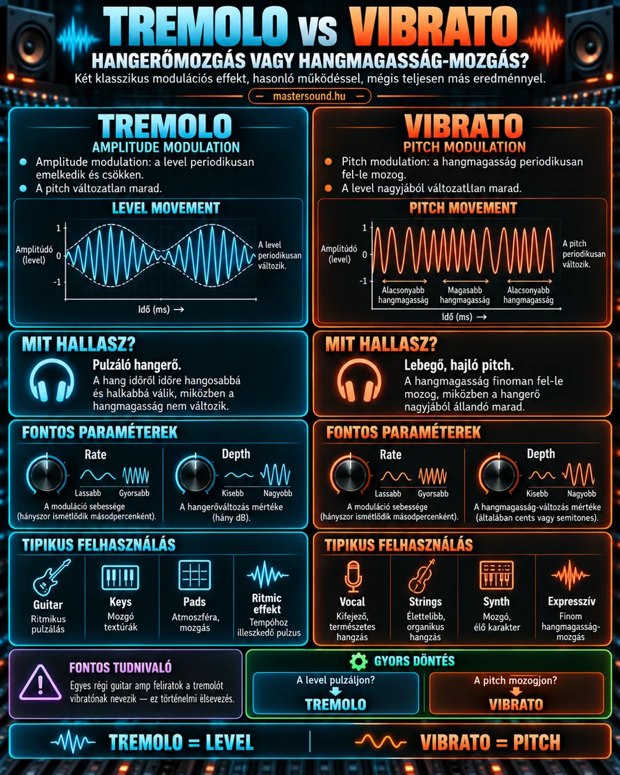 Infografika a tremolo és a vibrato különbségéről: balra a hangerő lüktetése egy hullámzó burkológörbével, jobbra a hangmagasság ingadozása sűrűsödő és ritkuló hullámmal, alattuk a rate és depth gomb és a tipikus hangszerek.
