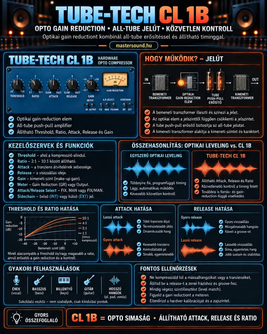 Infografika egy csöves optikai kompresszorról: kék előlap threshold, ratio, attack, release és gain gombokkal, a jelút transzformátorokkal és csövekkel, az attack és a release hatása hullámformákon, tipikus hangszerek és egy ellenőrzőlista.