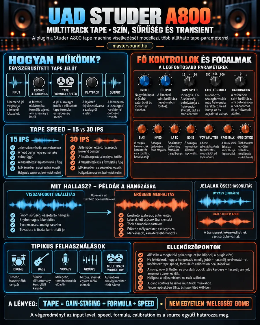 Infografika egy többsávos szalagos magnót modellező pluginról: az egyszerűsített szalagos jelút, két szalagsebesség összevetése, tizenkét kezelőgomb magyarázata, visszafogott és erős beállítás hangképe, tipikus felhasználások és ellenőrzőpontok.