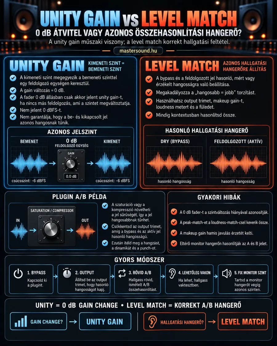 Infografika a unity gain és a level match különbségéről: bal oldalon egy 0 dB-re állított gain gomb, előtte és utána azonos csúcsszinttel, jobb oldalon a kikapcsolt és a bekapcsolt plugin hasonló hangosságra állítva, alul egy ötlépéses A/B módszer és gyakori hibák.