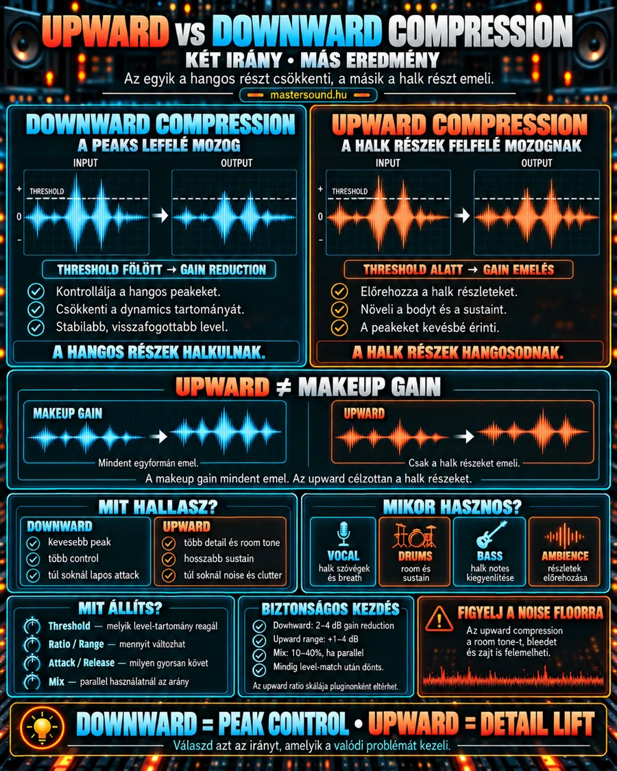 Infografika a downward és az upward compression különbségéről: bal oldalt a küszöb fölötti hangos részek halkulnak, jobb oldalt a küszöb alatti halk részek erősödnek, alatta a makeup gain és az upward compression összevetése, beállítási tippek és egy figyelmeztetés az alapzajra.