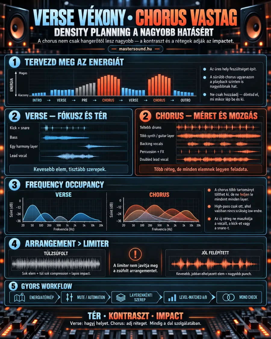 Infografika arról, hogyan lesz nagyobb a refrén a kontraszttól: egy dal energiatérképe, a versszak és a refrén rétegei, a frekvenciasávok kitöltése, a zsúfolt és a jól felépített hangszerelés összevetése és egy ötlépéses munkamenet.
