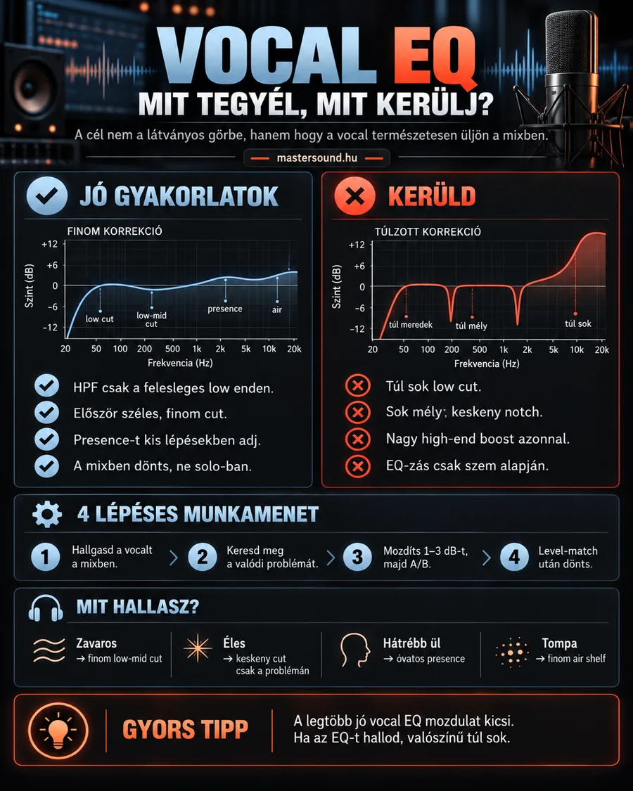Infografika az ének EQ-zásáról: bal oldalt egy finom, jó korrekciós görbe, jobb oldalt egy túlzott, kerülendő görbe, alattuk egy négylépéses munkamenet és négy gyakori hallható probléma a javasolt megoldással.