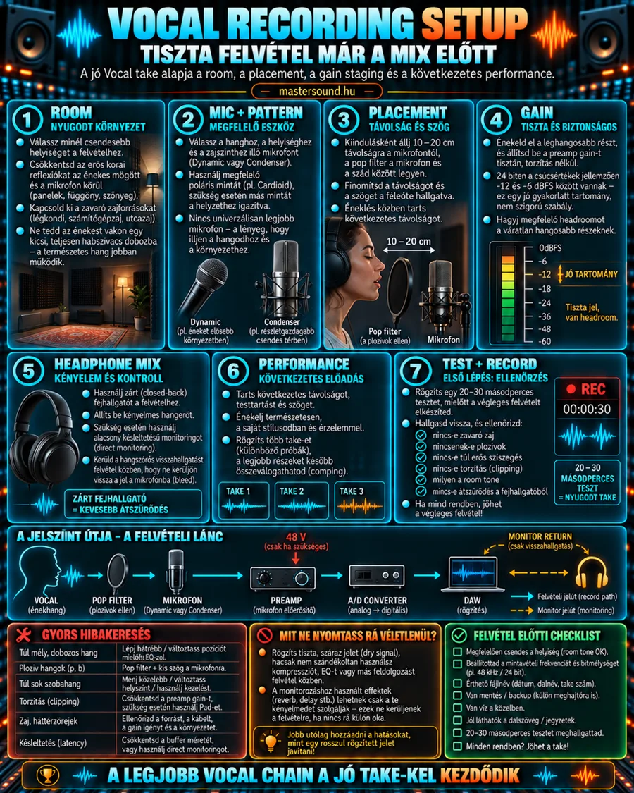 Infografika az énekfelvétel hét lépéséről: szoba, mikrofon, elhelyezés popszűrővel 10–20 cm-re, szintbeállítás, fejhallgató, előadás és próbafelvétel. Alatta a jel útja a hangtól a felvevőprogramig és három ellenőrző doboz.