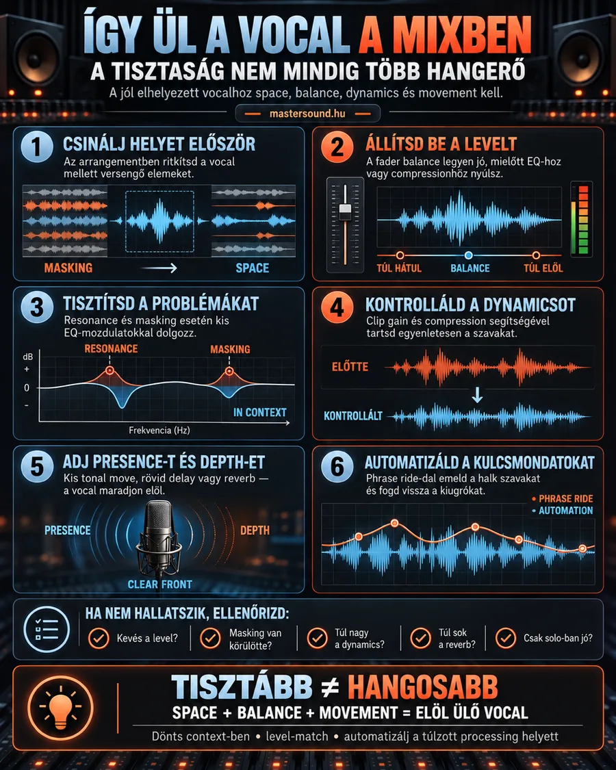 Infografika hat lépésben arról, hogyan kerül elöl és érthetően az ének a mixbe: hely a hangszerelésben, hangerő, kis EQ-javítás, dinamika, tér és automatizálás, alul egy ötpontos ellenőrzőlistával.