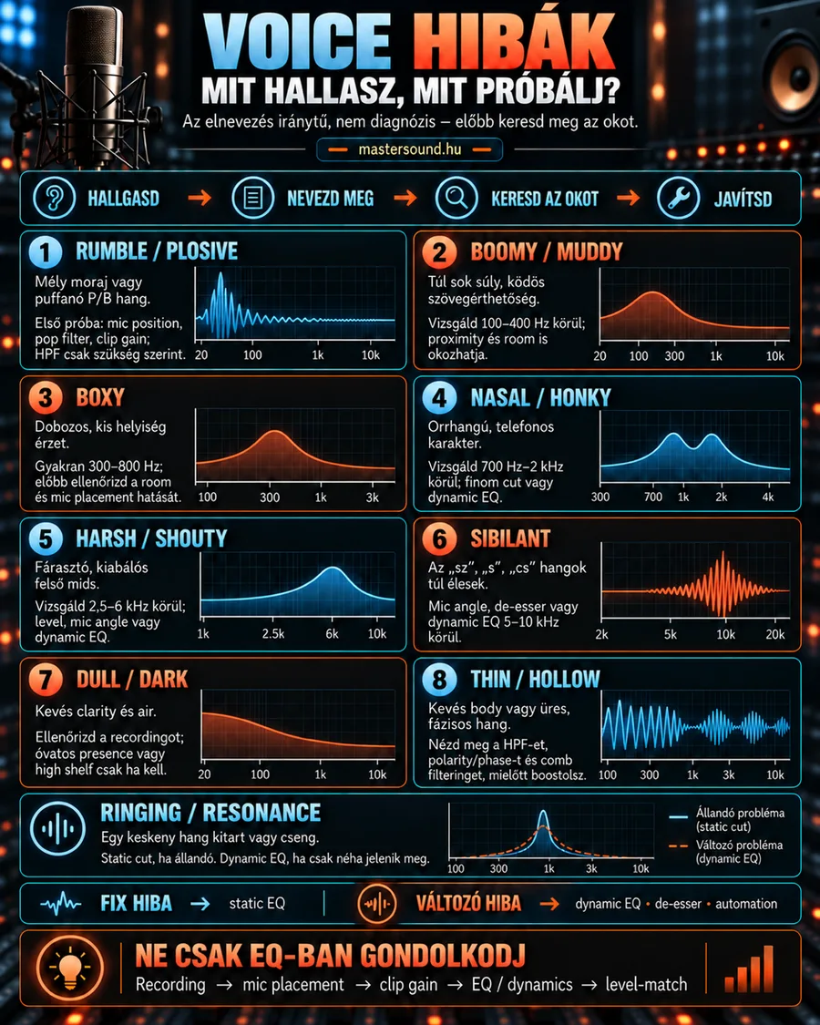 Infografika nyolc gyakori énekhang-hibáról, mindegyik mellett egy frekvencia-görbe és az első javítási lépés, alul a fix és a változó hibák kezelése, és hogy ne csak EQ-ban gondolkodj.