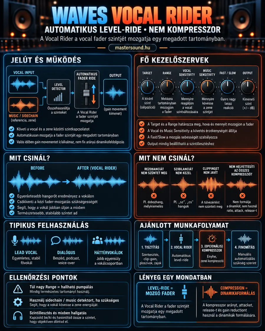Infografika egy automatikus szintkövető pluginról: az ének és a zene szintjét összevető jelút, hat kezelőgomb, előtte és utána hullámforma, mit nem javít, tipikus felhasználások és egy négylépéses munkafolyamat.