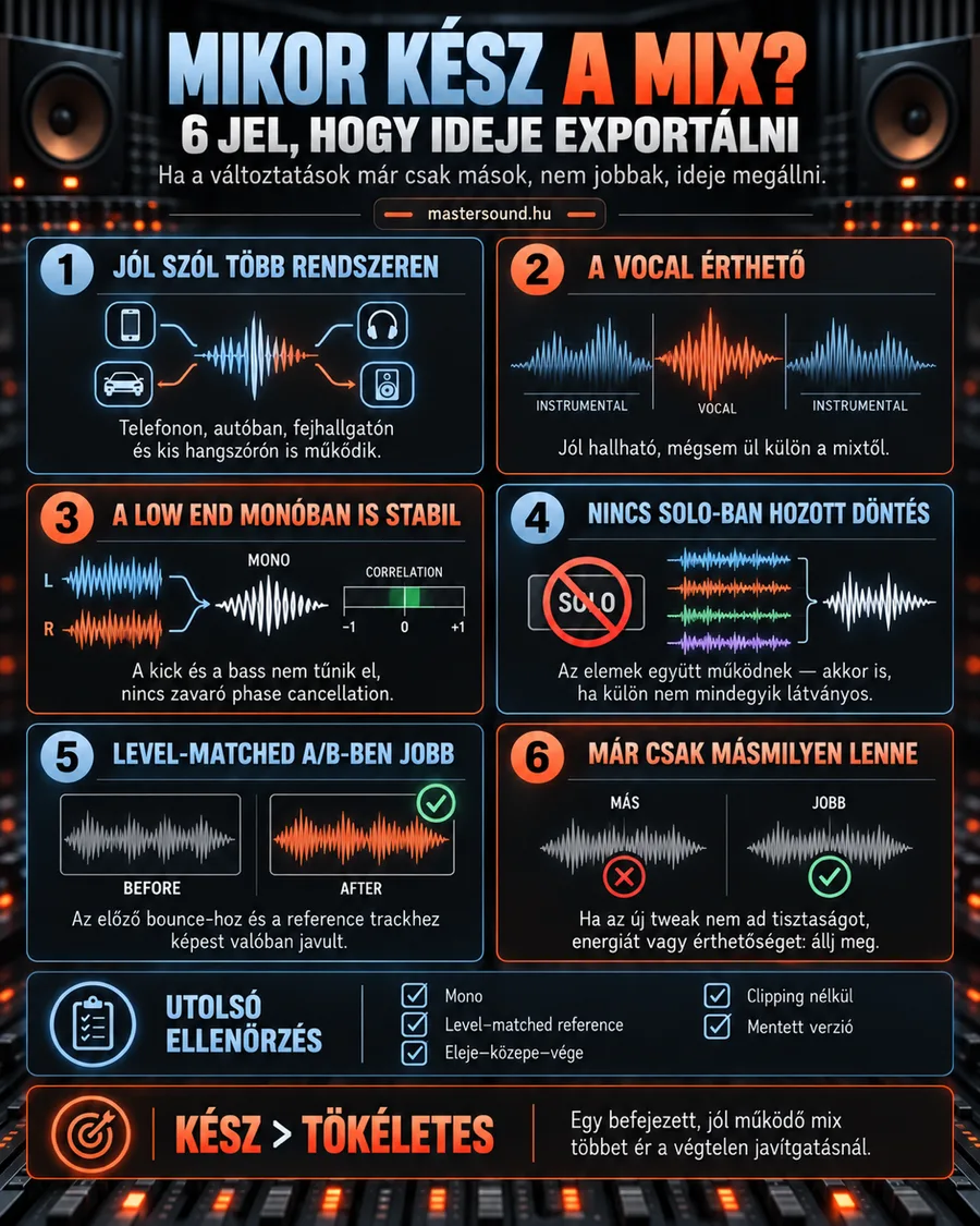 Infografika hat jelről, amiből látod, hogy kész a mix: több lejátszón működik, érthető az ének, stabil a mély monóban, nincs szólóban hozott döntés, azonos hangerőn jobb, és az új változtatás már csak más, alul egy utolsó ellenőrzőlistával.