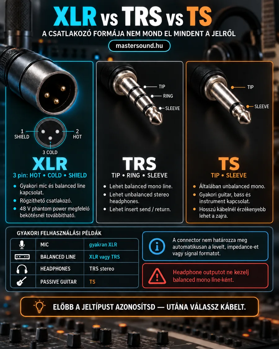 Infografika a három leggyakoribb audiocsatlakozóról: az XLR három lába, a TRS jack csúcs, gyűrű és test érintkezője, a TS jack két érintkezője, alattuk egy táblázat a tipikus felhasználásról és két figyelmeztetés.