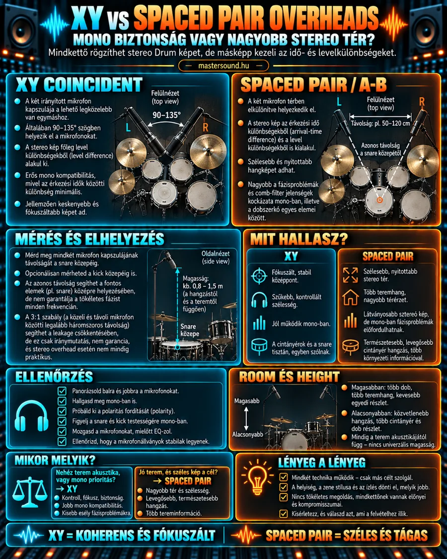 Infografika a két sztereó dob-overhead technikáról: bal oldalon két keresztezett mikrofon egy pontban a dobok fölött, jobb oldalon két egymástól távol álló mikrofon, alatta a mérés, a hangzás, az ellenőrzés és a választás szempontjai.